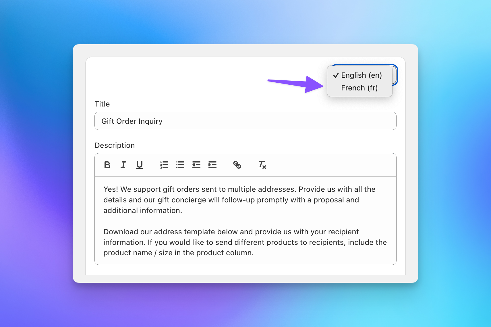 Send To Many inquiry form translation settings with a language picker for English and French