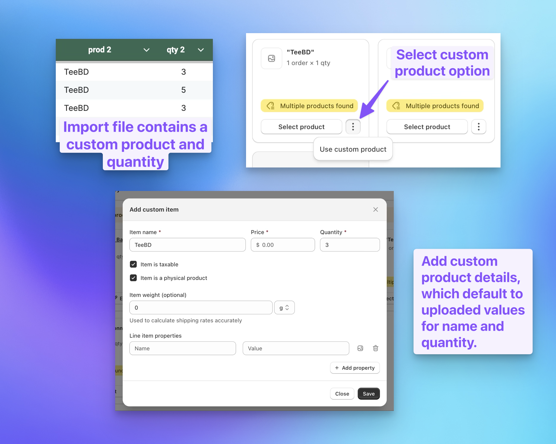 Send To Many Step 2 product matching showing the Use custom product option and custom item details for a Shopify bulk order import