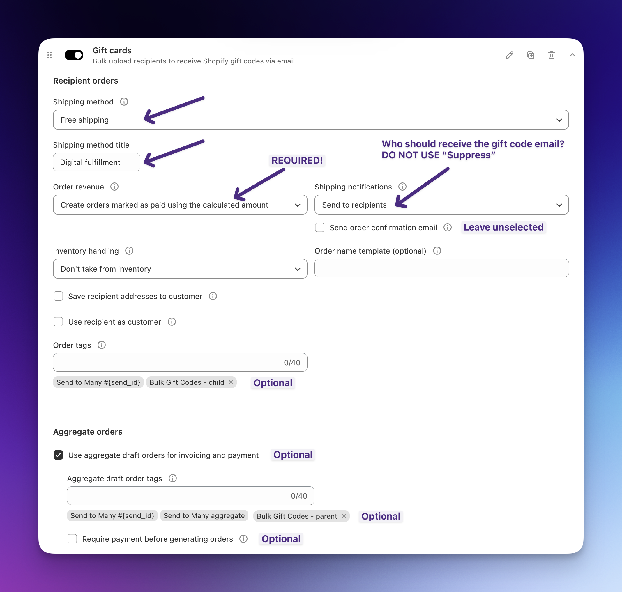 Send To Many gift card send preset with free shipping, calculated order revenue, Send to recipients shipping notifications, inventory not taken, and Use recipient as customer off
