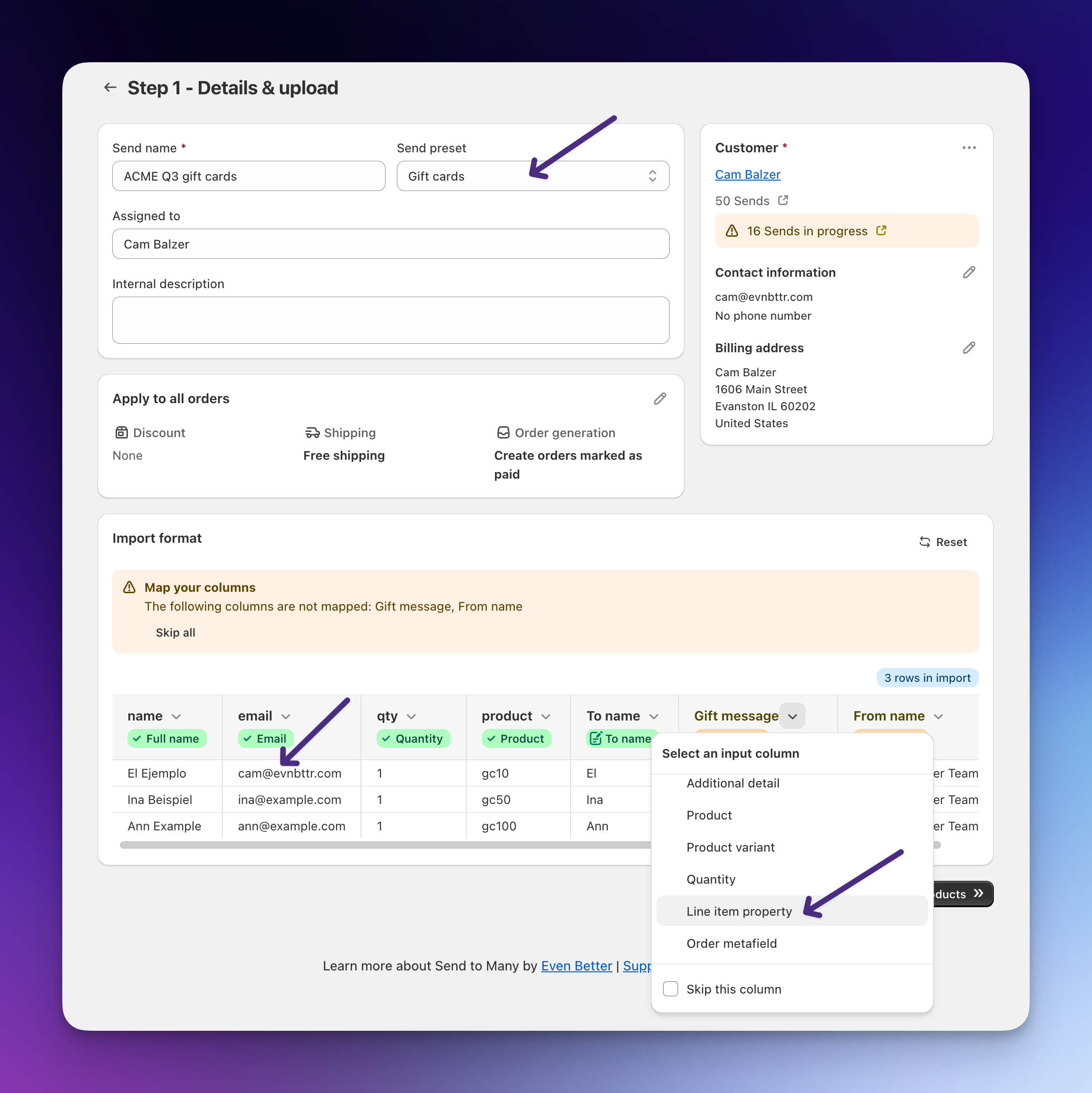 Send To Many Step 1 column mapping for a gift card upload, with the Gift message column being mapped to a line item property