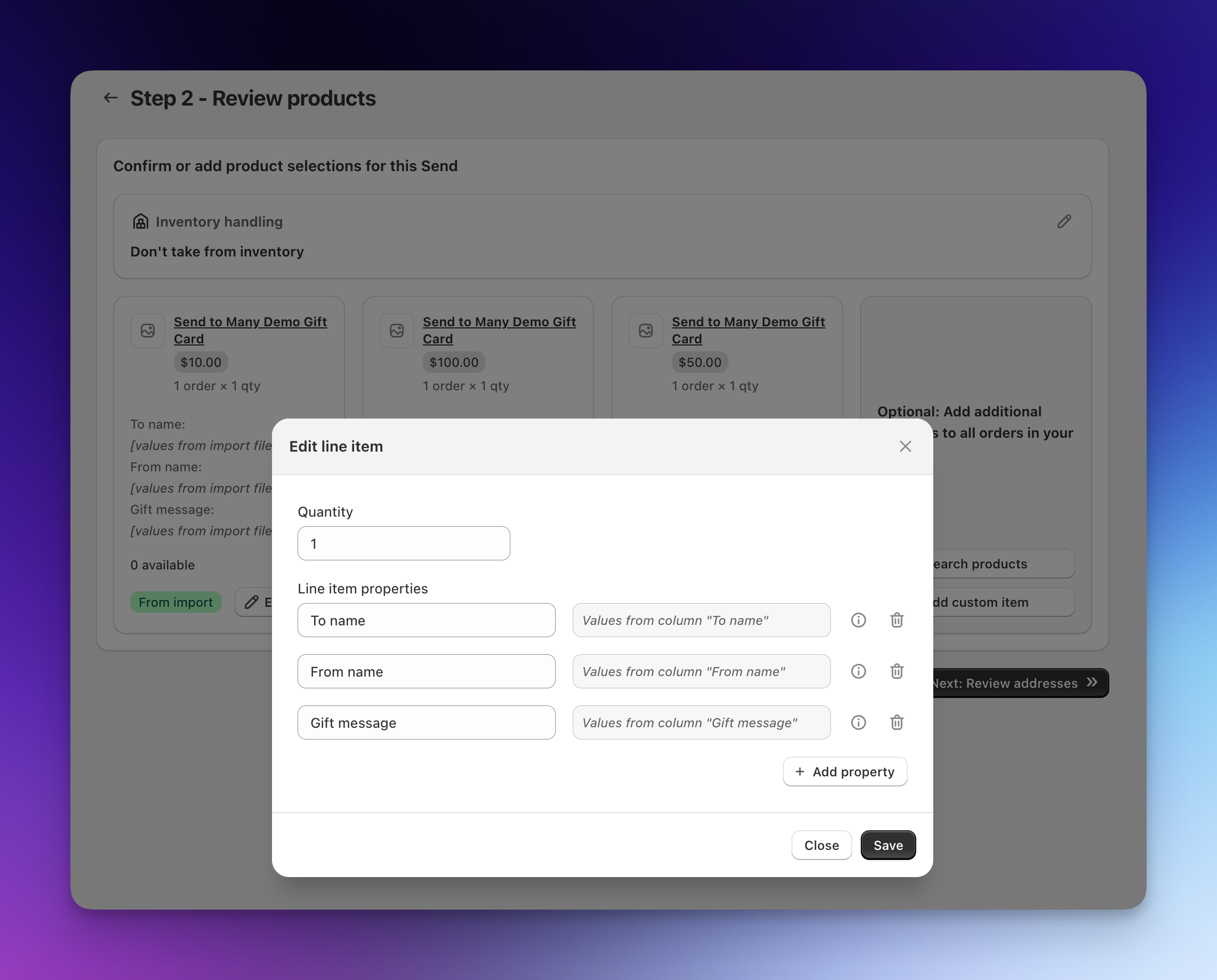Send To Many Step 2 edit line item dialog showing To name, From name, and Gift message line item properties attached to a gift card product with values from the import file