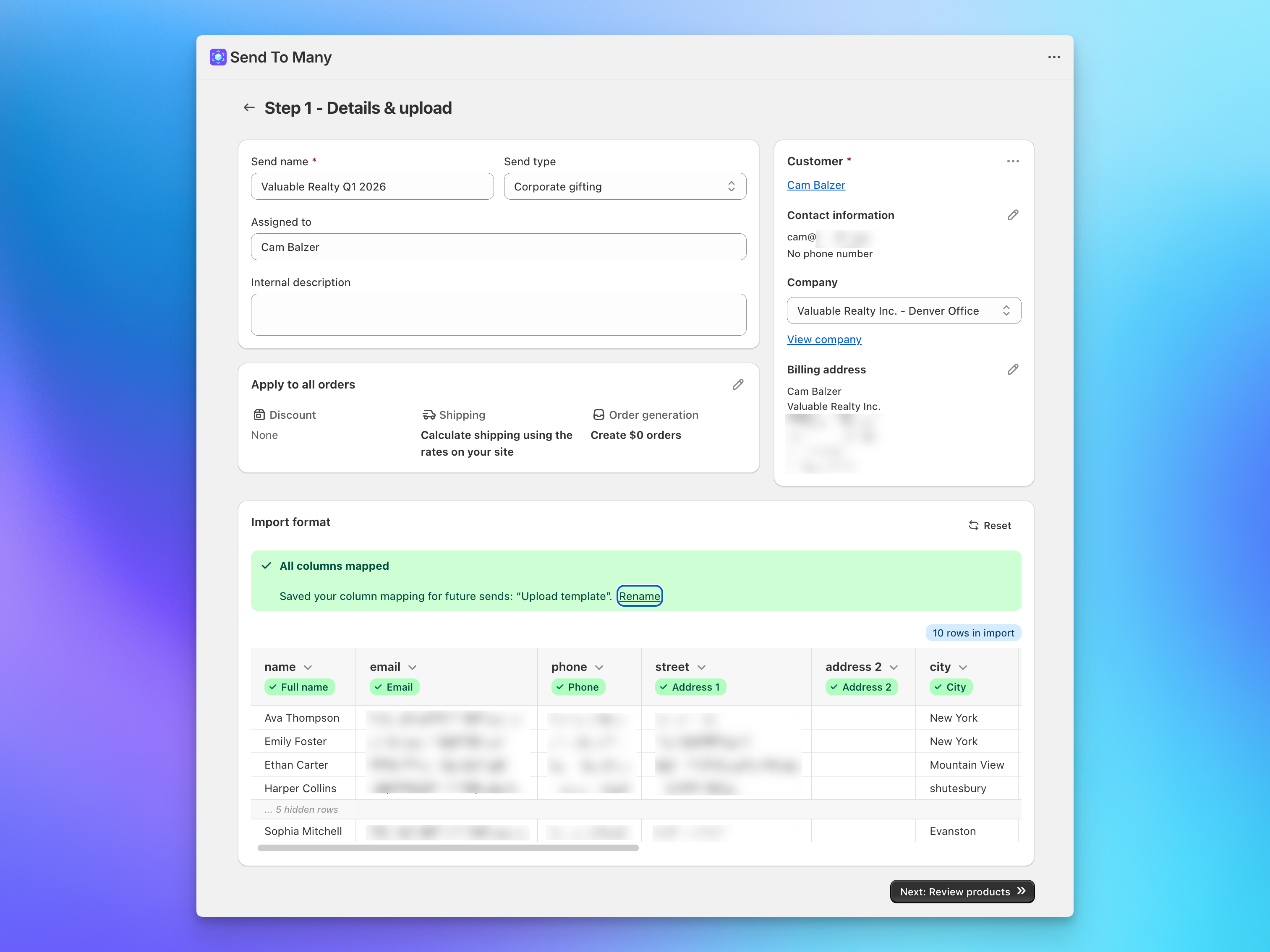 Send To Many bulk order upload workflow showing spreadsheet import in Shopify