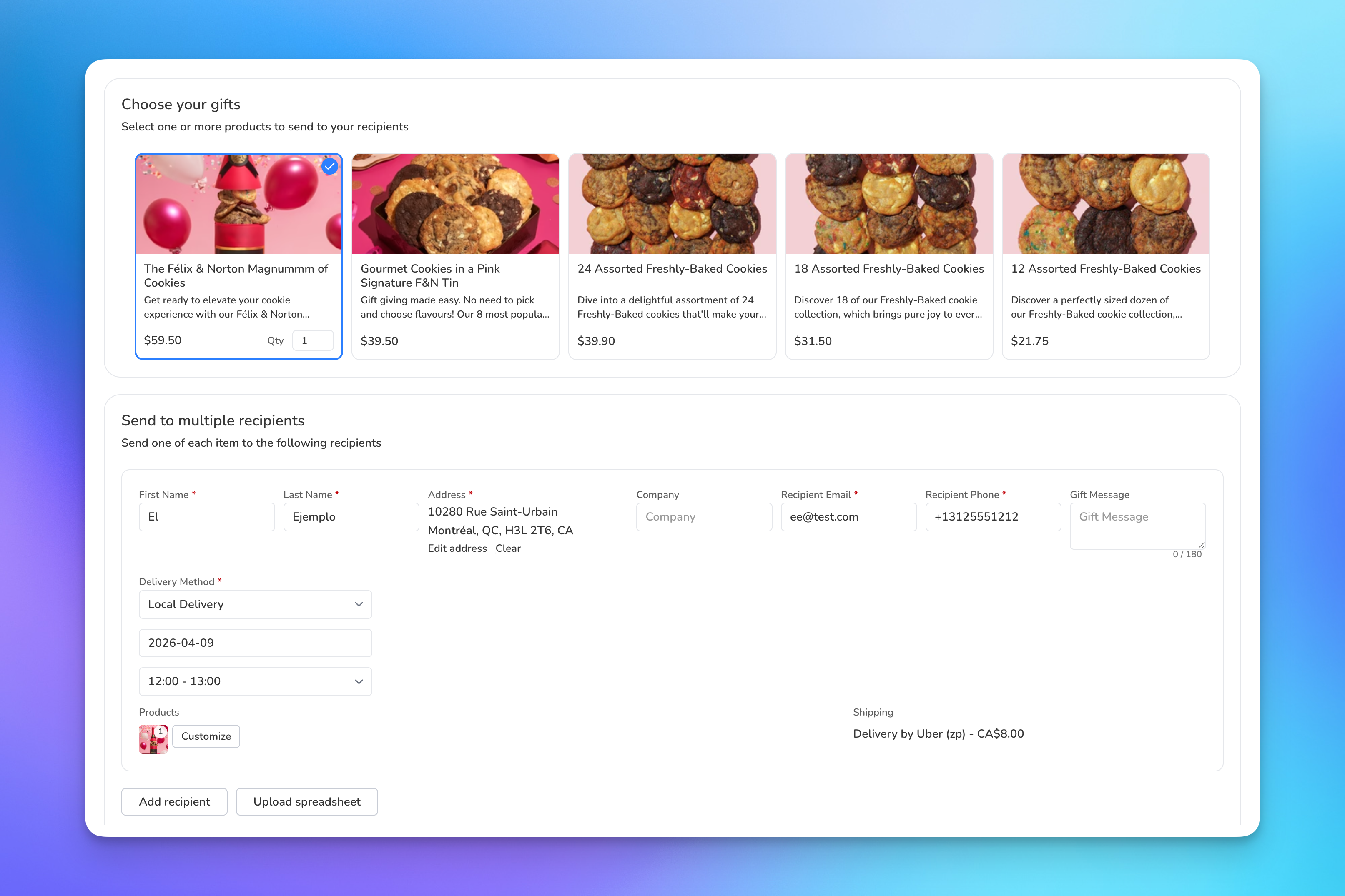 Zapiet delivery options shown in Send To Many multi-recipient checkout in Shopify
