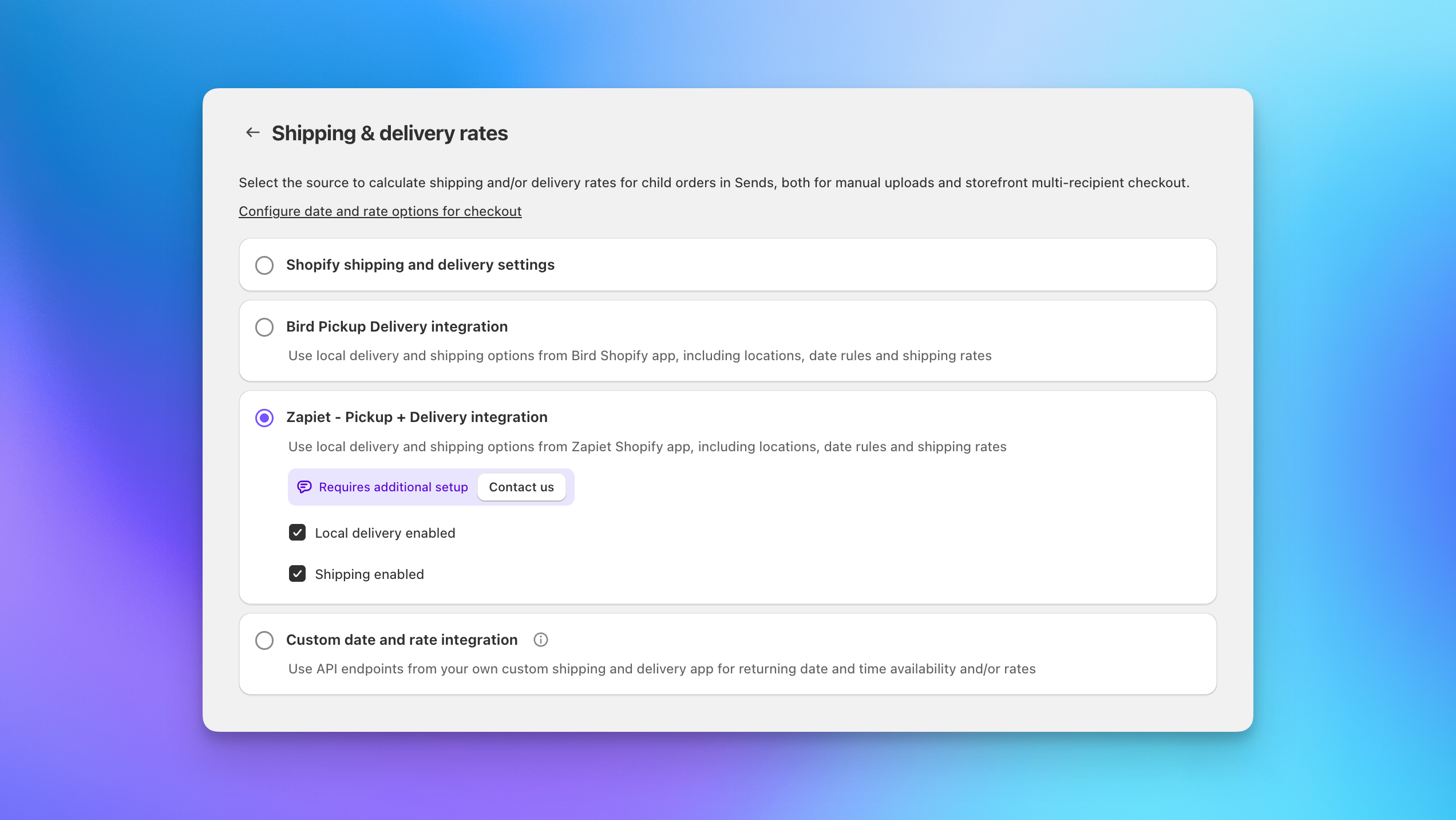 Zapiet integration settings in Send To Many showing shipping and delivery rate source configuration