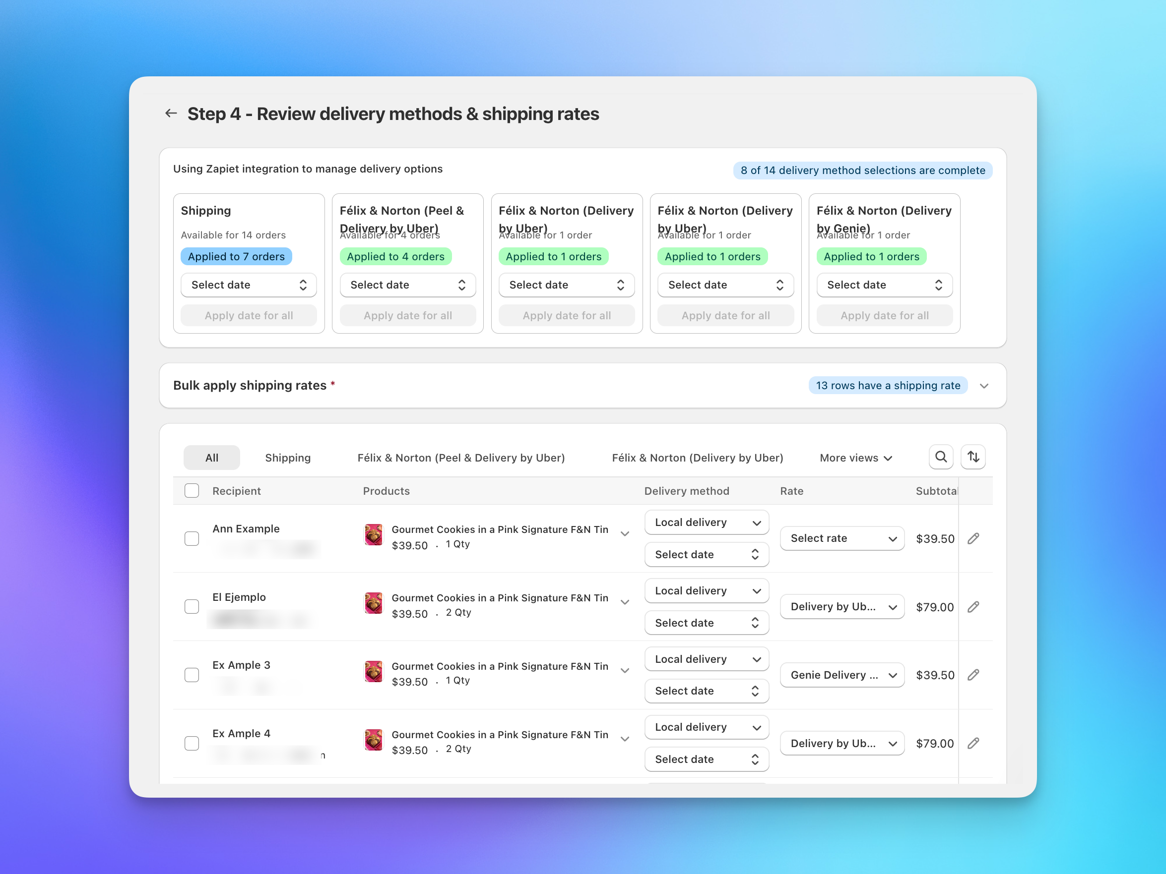 Zapiet delivery options shown during Send To Many upload review step in Shopify